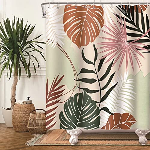 Bovlleetd Botanical Rideau de Douche Abstrait Tropical Plantes Medieval Maple Palm Leaf Rideau de Douche Boho Boy Girl Bathroom Art Decor Curtain Geometric Washable Tub Decoration Curtain 183x200cm von Bovlleetd