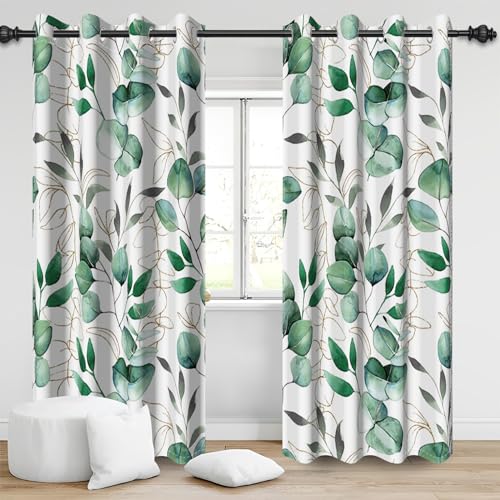 Bovlleetd Botanische Blätter Verdunkelungsvorhänge, 140x225cm Salbei Grün Gold Eukalyptus Fenster Vorhänge Aquarell Pflanze Polyester Thermisch isolierte Vorhänge für Home Wohnzimmer, 2 Panels von Bovlleetd