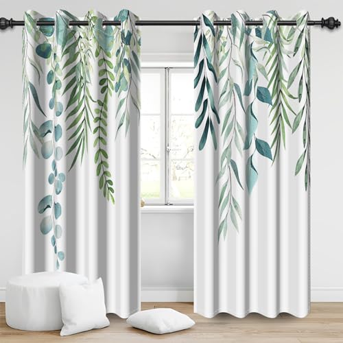 Bovlleetd Botanische Blätter Verdunkelungsvorhänge, Salbei Grün Eukalyptus Blätter Zweige Fenster Vorhänge Pflanze Floral Polyester Thermisch isolierte Vorhänge für Home Decor, 2 Panels 140x225cm von Bovlleetd
