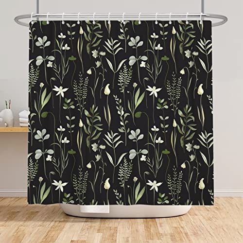 Bovlleetd Duschvorhang mit grünen Blättern Blumen Natur Pflanzen Schwarz Print Duschvorhänge für Badezimmer Botanical Fabric Set 6 Löcher Home Badewanne Dekor Wasserdicht 92x183cm von Bovlleetd