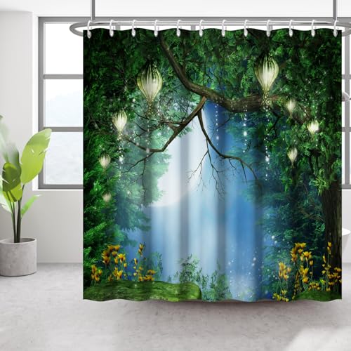 Bovlleetd Fantasiewald Duschvorhang Moonlight Starry Sky Duschvorhang für Badezimmer Quiet Nature Atmosphere Laternen auf Magic Tree Duschvorhang Zubehör 92x183cm von Bovlleetd