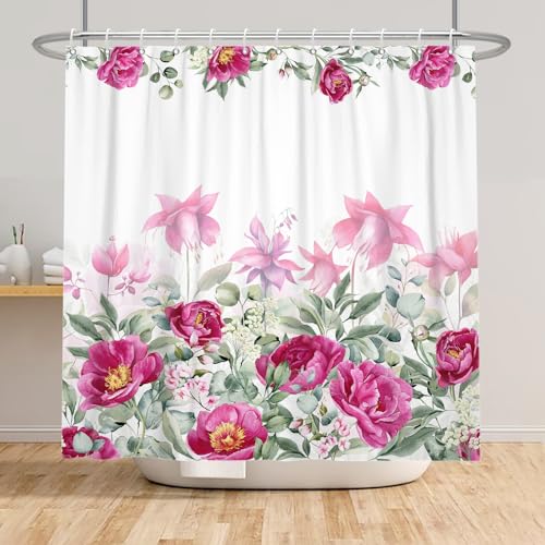 Bovlleetd Floral Stoff Duschvorhang für Badezimmer Frühling Blüte Blumen Grün Eukalyptus Blatt Malerei Aquarell Botanische Badewanne Vorhänge Wasserdicht Duschvorhang 175x178cm von Bovlleetd