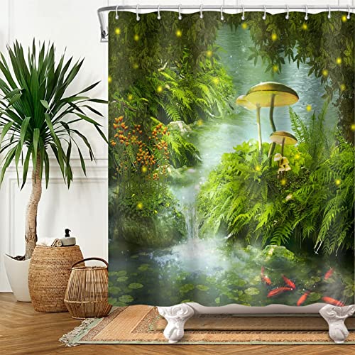 Bovlleetd Fluss-Duschvorhang, natürliche Landschaft, grüne Pflanzen, Lotusblatt, Stein, großer Pilz, Duschvorhänge, wasserdicht, Badezimmer-Trennwand, dekorativer Vorhang 180x200cm von Bovlleetd