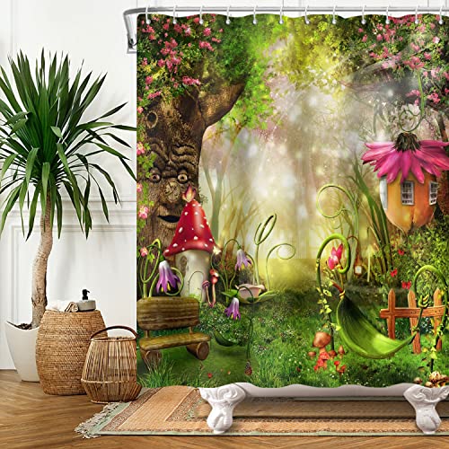 Bovlleetd Frühlingsmärchen Duschvorhang Enchanted Talking Tree Mushroom Duschvorhang für Badezimmer Grüner Rasen Pflanze mit Blumen Sonnenschein Badvorhang Zubehör 122x183cm von Bovlleetd