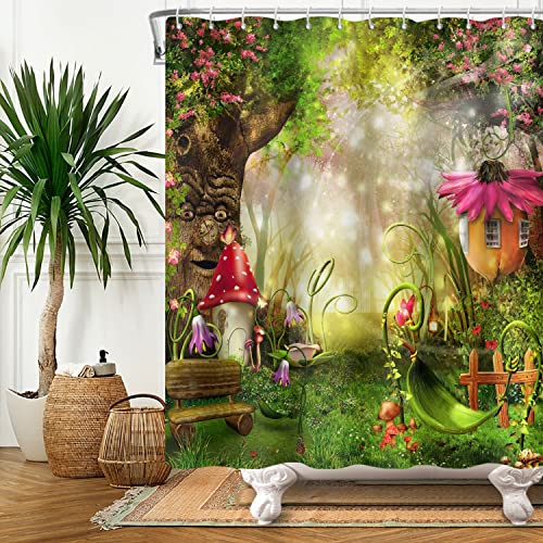 Bovlleetd Frühlingsmärchen Duschvorhang Enchanted Talking Tree Mushroom Duschvorhang für Badezimmer Grüner Rasen Pflanze mit Blumen Sonnenschein Badvorhang Zubehör 183x183cm von Bovlleetd