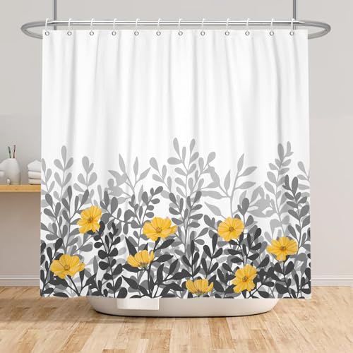 Bovlleetd Gelbe Blumen Duschvorhang Boho Aquarell Blüte Blume Blätter Botanische Duschvorhang für Badezimmer Wildblume Pflanze Print Duschvorhang (Gelb Grau) 122x183cm von Bovlleetd