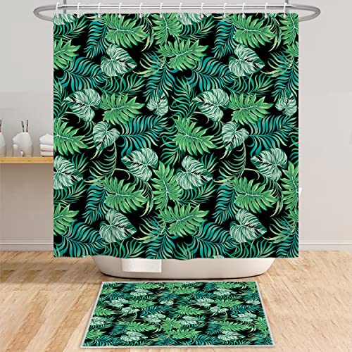 Bovlleetd Green Leaf Duschvorhang 183x213cm Palmblatt Botanischer Duschvorhang Tropische Pflanze Schwarzer Hintergrund Badezimmer Dekorativer Vorhang Wasserdichter Badewannenvorhang von Bovlleetd