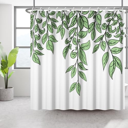 Bovlleetd Grüne Blätter Duschvorhang 122x183cm Pflanzen Blätter auf weißen Duschvorhangen Botanisch auf der obersten Pflanze Badezimmervorhang Wasserdichtes Polyester-Gewebe mit 8-Haken von Bovlleetd