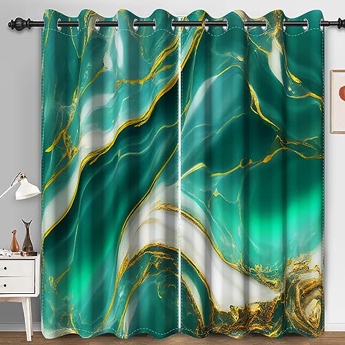 Bovlleetd Grüner Marmor Verdunkelungsvorhänge für Schlafzimmer Moderne Ästhetik Zimmer Verdunkelung Grün Gold Glitter Fluid Eyelet Fenstervorhänge 140x245cm (Breite x Länge) Satz 2 Paneele von Bovlleetd