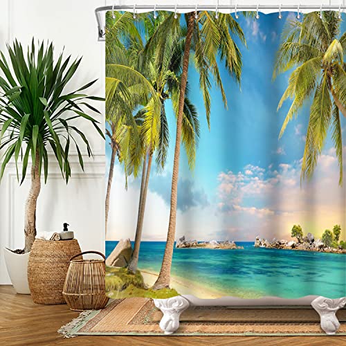Bovlleetd Hawaiianischer Ozean Insel Duschvorhang Sommer Tropische Palmenblätter Blauer Himmel Meer Badezimmer Duschvorhang Set mit 12 Haken Schöne Seaside Scene Badezimmer Home Decors von Bovlleetd