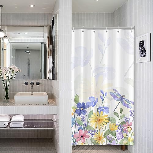 Bovlleetd Kleiner Blauer floraler Duschvorhang Frühling Botanische Aquarell Blume Natur Pflanze Duschvorhang für Badezimmer Dragonfly Art Dekorativer Duschvorhang Set mit Haken 92x183cm von Bovlleetd