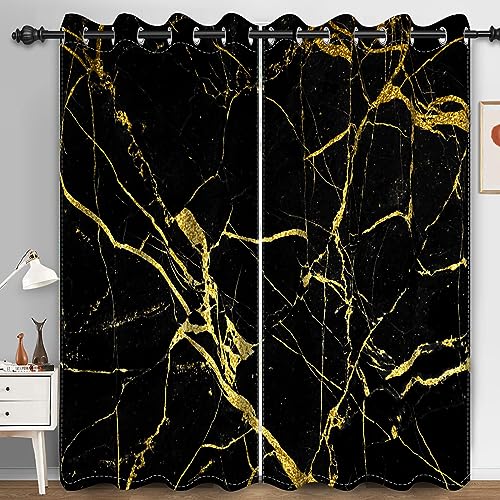 Bovlleetd Marmor Verdunkelungsvorhänge, Goldene abstrakte ästhetische Fenstervorhänge für Schlafzimmer Wohnzimmer 117x229cm (Breite x Länge) Satz 2 Paneele von Bovlleetd