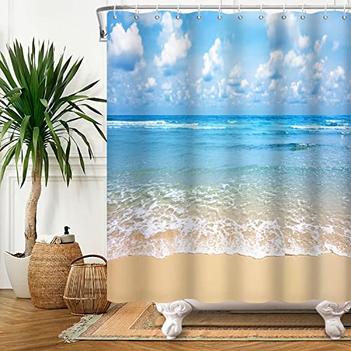 Bovlleetd Meereswelle Duschvorhang Wasserdichter Blauer Himmel und weiße Wolken Ocean Landscape Badezimmer Duschvorhang Set mit 12 Haken Home Badezimmer Badewanne Dekore 36x72 Zoll von Bovlleetd