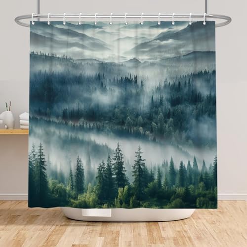 Bovlleetd Nebliger Wald Duschvorhang Natürliche Foggy Mountain Landschaft Duschvorhang für Badezimmer Moderne Ästhetische Dunkelgrüne Bäume Woodland Wasserdicht Duschvorhang 183x183cm von Bovlleetd