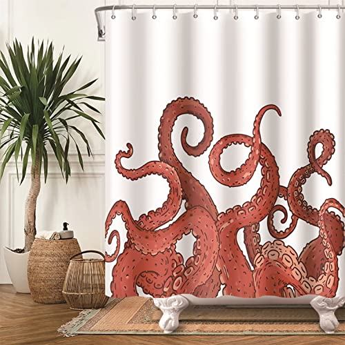 Bovlleetd Octopus Tentakel Duschvorhang Weißer Hintergrund Einfache Aquarellmalerei Duschvorhänge Cartoon Animal Red Curl Tentakel Print Badewanne Dekoration Vorhänge 180x200cm von Bovlleetd