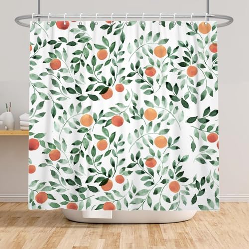 Bovlleetd Orange Obst Duschvorhänge Aquarell Grüne Blätter Botanisches Muster Duschvorhang für Badezimmer Hübsch Niedlich Badewanne Duschvorhang Wasserdicht 183x183cm von Bovlleetd