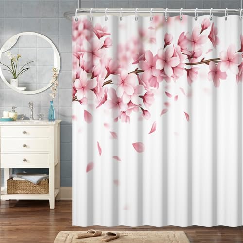 Bovlleetd Rosa Blumen Duschvorhang Stoff Frühling Romantische Botanische Duschvorhang Pfirsich Blüte Blumen Badezimmer Duschvorhang Set mit Haken 92W x 183H cm von Bovlleetd