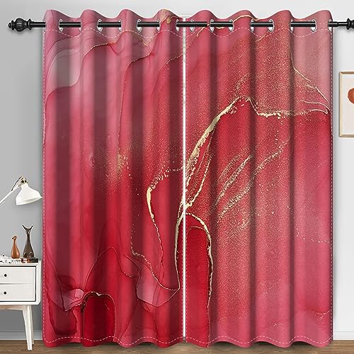 Bovlleetd Rote Marmor-Fenstervorhänge für Schlafzimmer Kunst Gold Glitter Vorhänge für Wohnzimmer Luxus Thermisch isolierte Blackout Vorhänge 140x225cm (Breite x Länge) Satz 2 Paneele von Bovlleetd