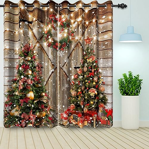 Bovlleetd Rustikale Holz Weihnachten Blackout Vorhänge Set 2 Panels für Wohnzimmer Schlafzimmer Weihnachtsbaum Xmas Eve Party Blackout Vorhänge 117x229cm von Bovlleetd