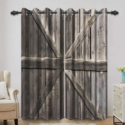 Bovlleetd Rustikale Holzvorhänge Grau Holzmaserung Scheunentor Western Bauernhof Zimmer Verdunkelung Vorhänge Dorf Hütte Lodge Retro Schlafzimmer Vorhänge 117x183cm (Breite x Länge) Satz 2 Paneele von Bovlleetd