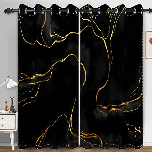 Bovlleetd Schwarze und goldene Marmor-Fenstervorhänge für Schlafzimmer Moderne Wärmedämmung Luxus Kunst Wohnzimmer Dekorative Vorhänge 140x175cm (Breite x Länge) Satz 2 Paneele von Bovlleetd