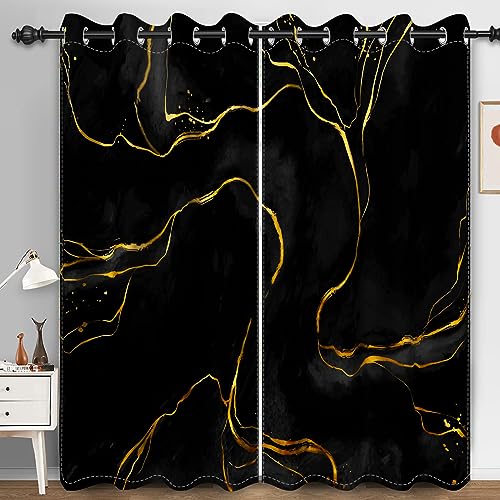 Bovlleetd Schwarze und goldene Marmor-Fenstervorhänge für Schlafzimmer Moderne Wärmedämmung Luxus Kunst Wohnzimmer Dekorative Vorhänge 140x245cm (Breite x Länge) Satz 2 Paneele von Bovlleetd