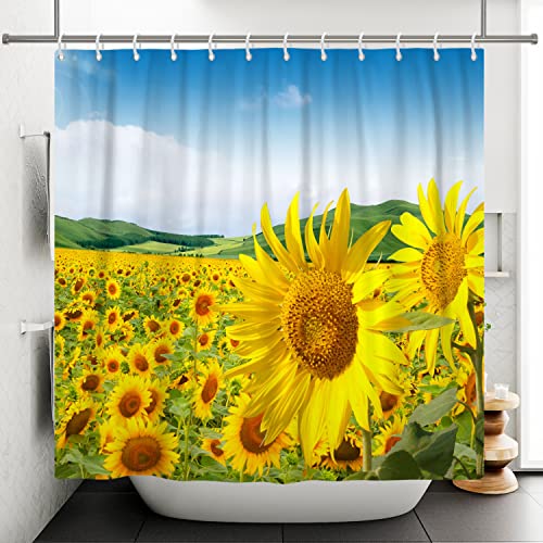 Bovlleetd Sonnenblumen Duschvorhang Gelbes Blumenfeld Badvorhang 180x200cm Wunderschöne Naturlandschaft Badezimmer Dekorativer Vorhang Wasserdichter Badewannenvorhang mit Haken von Bovlleetd