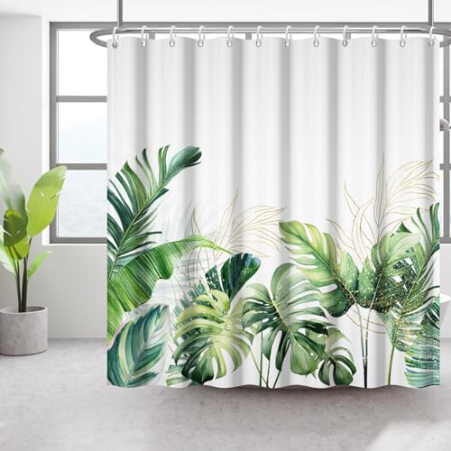 Bovlleetd Tropische Blätter Duschvorhang Grüne Palmenblätter mit goldenem Blatt Bad Vorhang Dschungel Monstera Blatt Badezimmervorhang mit 10 Haken Wasserdicht Polyester 153x183cm von Bovlleetd