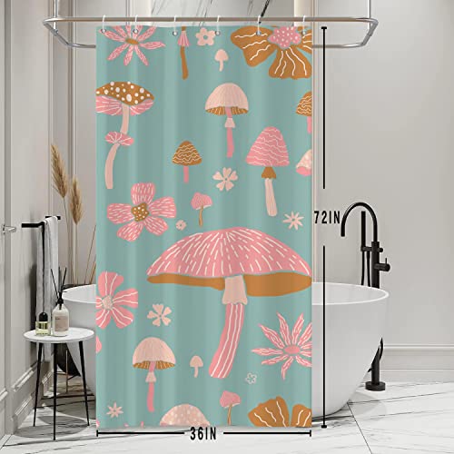 Bovlleetd Türkis Stoff Duschvorhang Kleine Stall böhmische Blumen niedlich Pilz Duschvorhang für Badezimmer wasserabweisend 36Wx72H Teal Badezimmer Vorhang Set mit 12 Haken 6 Löcher von Bovlleetd