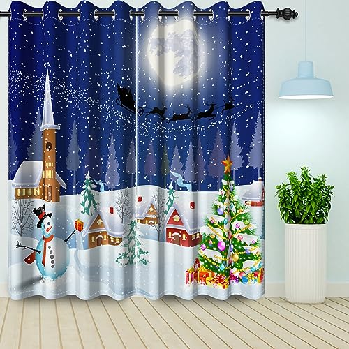 Bovlleetd Weihnachten Winter verschneit Fenster Vorhänge Schneemann Weihnachtsbäume Fenster Behandlung Märchen Blau Sternennacht Blackout Vorhänge 2 Stück 140x145cm von Bovlleetd