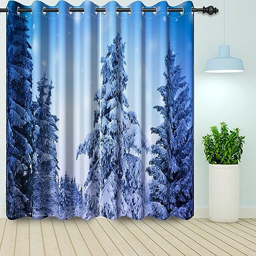 Bovlleetd Winter Weihnachten Fenster Vorhang Blau Snowy Xmas Tannenbaum Wald Landschaft Dekorative Blackout Zimmer Verdunkelung Fenster Vorhänge 2 Stück 140x145cm von Bovlleetd