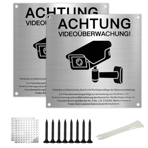 2Stk Schild Videoüberwachung,Achtung Videoüberwachung Schild,15x15cm Aluminium mit DSGVO Hinweis,mit Selbstklebend 4 Bohrlöcher,8 Schrauben,8 Kabelbinder,für Überwachungskamera Oder Kamera Attrappe von Bowasin