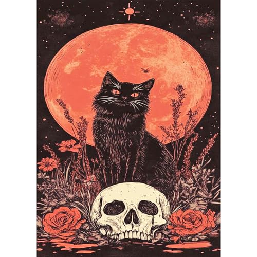 BOWETILE Halloween Diamond Painting Schwarze Katze Erwachsene, Totenkopf Mond mit Strasssteinen für Anfänger,Diamant Painting Bilder Erwachsene, Diamond-Painting Arts Craft für Home Wand Decor 30x40cm von Bowetile