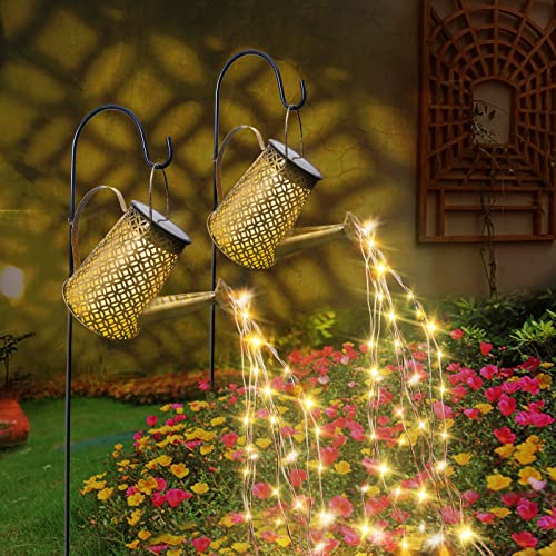 [2 Stück] Solar Gießkanne Lichterkette Gartendeko Draußen, Solarlampen für Außen Giesskanne Lichter mit Schäferhaken Metall Vintage Wasserfall Duschlicht Solarleuchten Garten für Balkon Rasen Terrasse von Bowfar