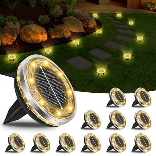 Bowfar 12 Stück Solar Bodenleuchten Aussen, IP65 Wasserdicht Solarlampen 12 LEDs Gartenbeleuchtung Solar Mit Upgrade Solarpanel, Warmweiß Solarleuchten für Garten, Rasen, Gehweg, Patio, Auffahrt von Bowfar