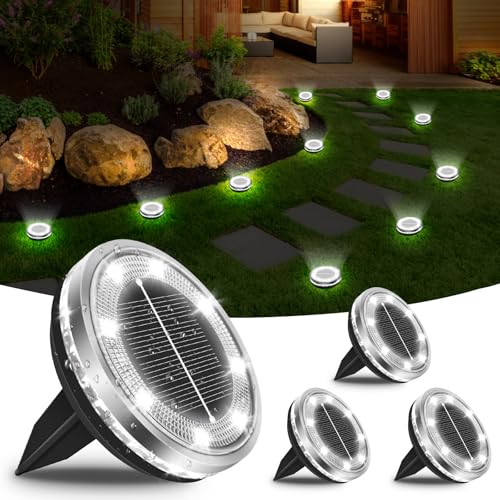 Bowfar 4 Stück Solar Bodenleuchten Aussen, IP65 Wasserdicht Solarlampen 12 LEDs Gartenbeleuchtung Solar Mit Upgrade Solarpanel, Kaltweiß Solarleuchten für Garten, Rasen, Gehweg, Patio, Auffahrt von Bowfar