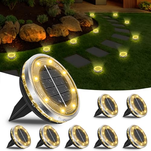 Bowfar 8 Stück Solar Bodenleuchten Aussen, IP65 Wasserdicht Solarlampen 12 LEDs Gartenbeleuchtung Solar Mit Upgrade Solarpanel, Warmweiß Solarleuchten für Garten, Rasen, Gehweg, Patio, Auffahrt von Bowfar