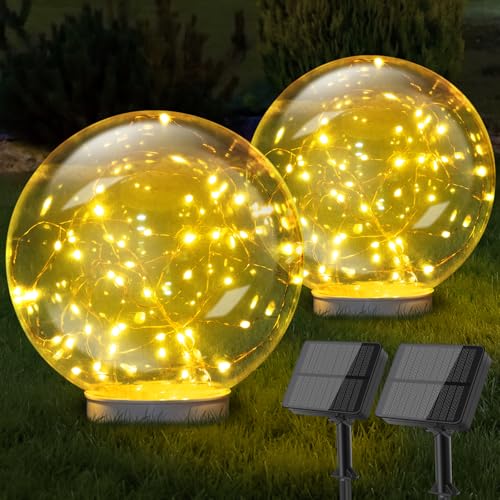 Bowfar Solarlampen für Außen Kugel, Solarkugeln für Außen Winterfest 2 Stück Solar Gartenleuchten Kugelleuchten mit 40LED Lichterkette, Solarleuchten mit Erdspieß für Outdoor Rasen Garten Deko Ø 20cm von Bowfar