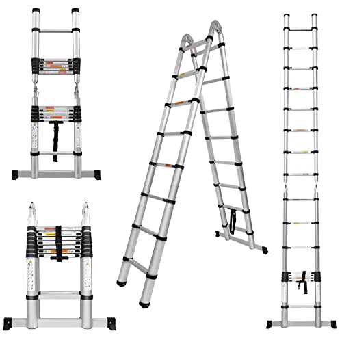 5M Aluminium Teleskop Ausziehleiter 2-in-1 A-Frame Leiter oder gerade Leiter, 8+8 Stufen einstellbare Höhe, tragbare Klappleiter A-Shape Leiter, zusammengeklappt Höhe 92,5cm, Last 150kg von Bowose