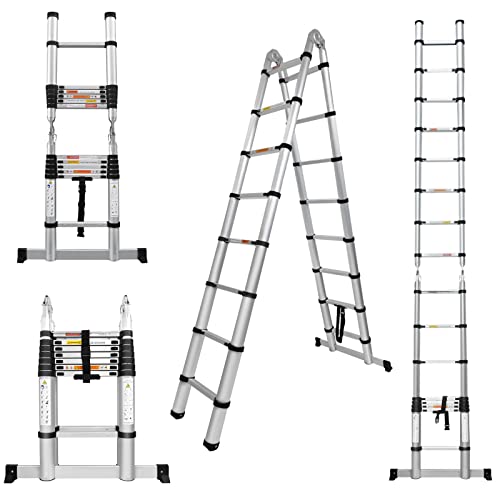 Bowose 5M Aluminium Teleskop Ausziehleiter 2-in-1 A-Frame Leiter oder gerade Leiter, 8+8 Stufen einstellbare Höhe, Klappleiter A-Shape Leiter, zusammengeklappt Höhe 92,5cm, Last 150kg, 5M(2,5m+2,5m) von Bowose