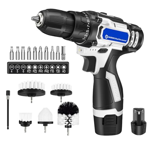 Akku-Bohrschrauber 10cm Bohrfutter mit Bohrer und Bürstenaufsatz-Set, 2x 1500mAh Akkus, 25+1 Position, 2 variable Geschwindigkeiten, für Reparaturen oder Reinigung zu Hause von Bowose