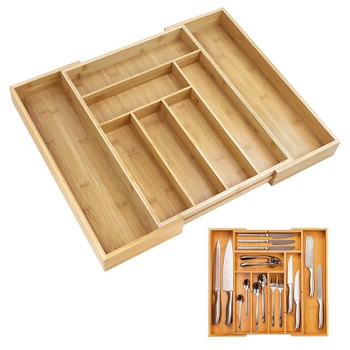 Bambus Besteckkasten Veranstalter erweiterbar Größe leicht zu passen, mit 6 bis 8 Slots, Multi-Funktions-Speicher Veranstalter Utensil Halter Holzbesteck Tray für Schubladen von Bowose