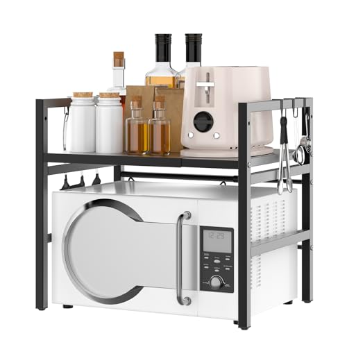 Bowose Mikrowellen Regal, 2-StöCkiger KüChenregal-Organizer Aus Metall Mit 6 Haken, für HeißLuftfritteuse, Verstellbares Mikrowellenofen-Regal, für Desktop-Drucker, BäCkerregal von Bowose