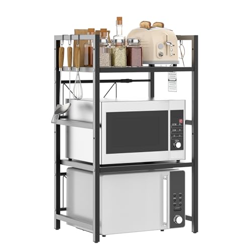 Bowose Mikrowellen Regal, 3-StöCkiger KüChenregal-Organizer Aus Metall Mit 6 Haken, für HeißLuftfritteuse, Verstellbares Mikrowellenofen-Regal, für Desktop-Drucker, BäCkerregal von Bowose