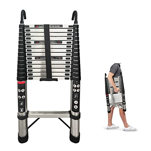 Teleskopleiter 4,4m Edelstahl Schiebeleiter mit 2 Haken, 150KG Max. Belastung, mit Anti-Rutsch-Gummifüßen, zusammengeklappt Höhe 93cm, Gewicht 13.8kg, leicht zu transportieren von Bowose
