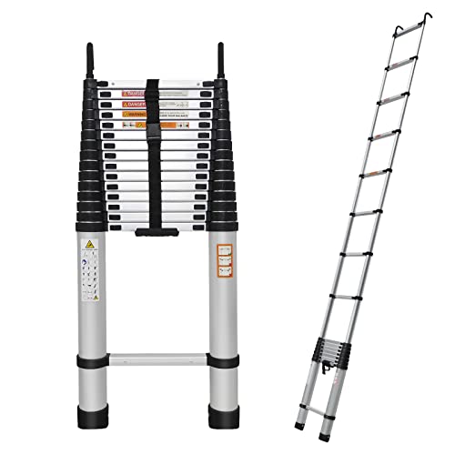 Teleskopleiter 6,2m Aluminium Auszieh-Klappleiter mit 2 Haken, 150kg Maximalbelastung, mit Anti-Rutsch-Gummifüßen, zusammengeklappt Höhe 104cm, Gewicht 16,4kg, tragbare Dachbodenleiter von Bowose