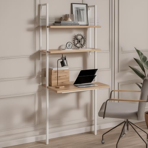 Box and Beyond Industrieller Schreibtisch mit 2 Regalen – Eukalyptusholz und Metall – Weiß – FSC 70% – 76 x 51 x 185 cm von Box and Beyond