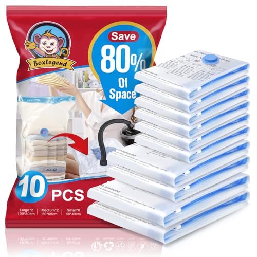 BoxLegend Vakuumbeutel 10 Stück, 2XL*100x80 + 2L*80x60 + 6S*60x40cm,Vakuum Aufbewahrungsbeutel Reise Vakuum Wiederverwendbar Kleiderbeutel für Kleidung Bettdecken Bettwäsche Kissen Wolldecken von BoxLegend