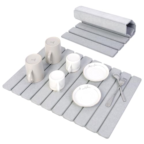 BoxedHome Große Stein-Abtropfmatten für Küchentheke, 60x40cm Wasserabsorbierende Kieselgur Matte Küche, Abtropfmatte Geschirr, Faltbare Spülbeckenmatte Abtropfmatte (Hellgrau) von BoxedHome