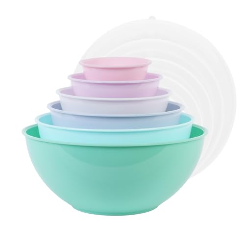 BoxedHome Rosa-Grün Rührschüsseln mit Deckel, Wiederverwendbare Rührschüssel, 12er-pack Mixing Bowl, Kunststoff Salatschüssel Rutschfest Stapelbar Servierschalen für Küche (6 Schüsseln und 6 Deckel) von BoxedHome